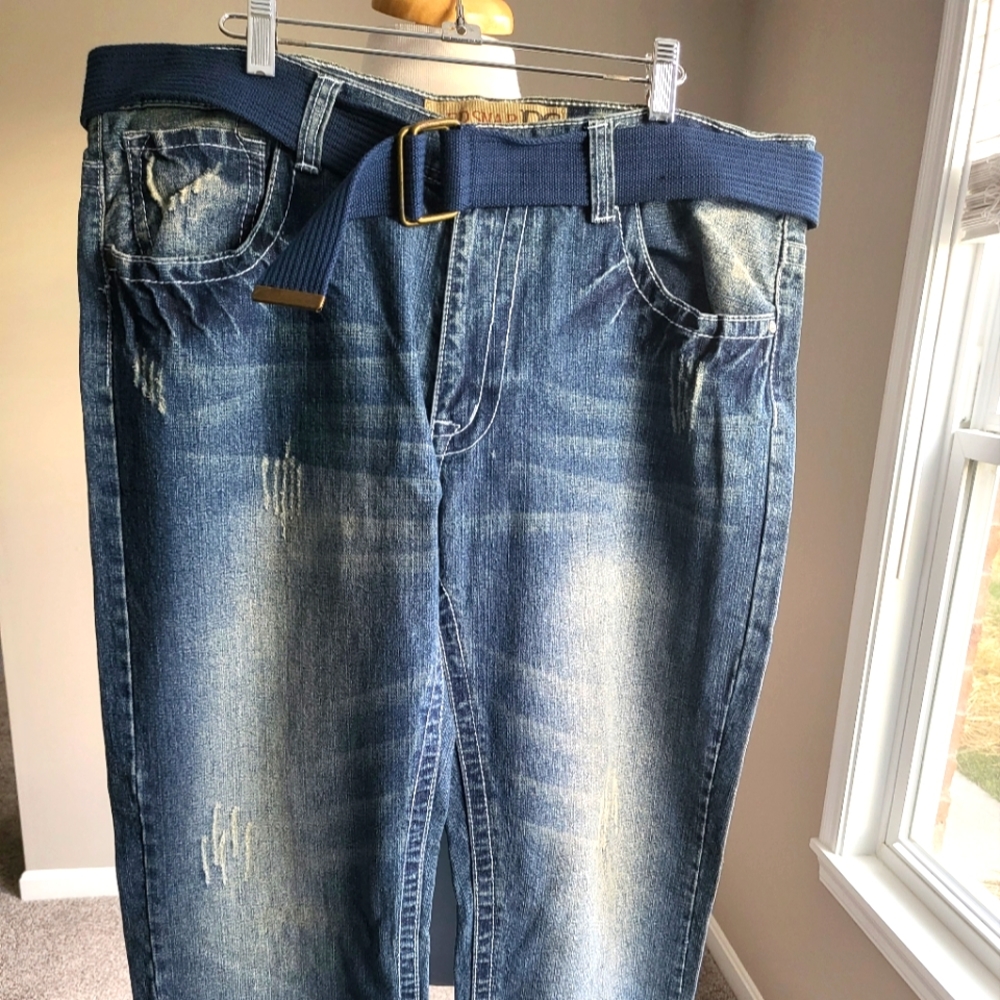 Red Snap Men’s Blue Jeans w/Double Ring 2” Canvas Fabric Cloth Belt (W38 x L31)